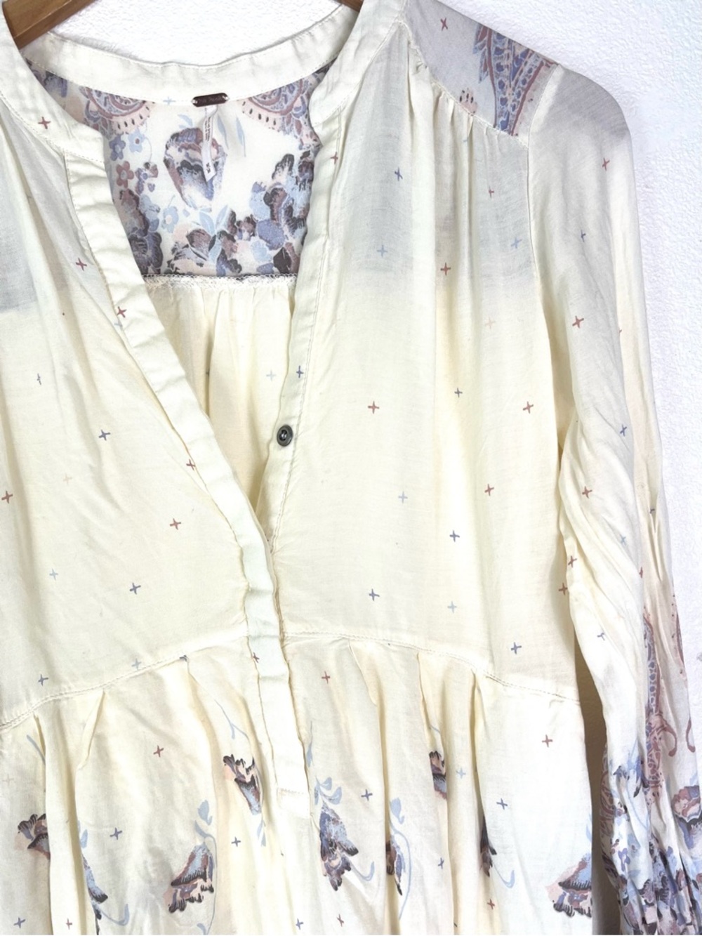 Free People Sierra Valley floral cream purple long sleeve mini dress size M - Picture 7 of 10